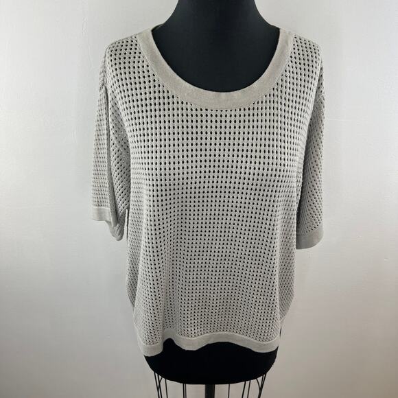 Nita Ideas Cotton-Blend Open-Knit Gray Cropped Boxy T-Shirt Tee Top Relaxed L - Picture 2 of 9